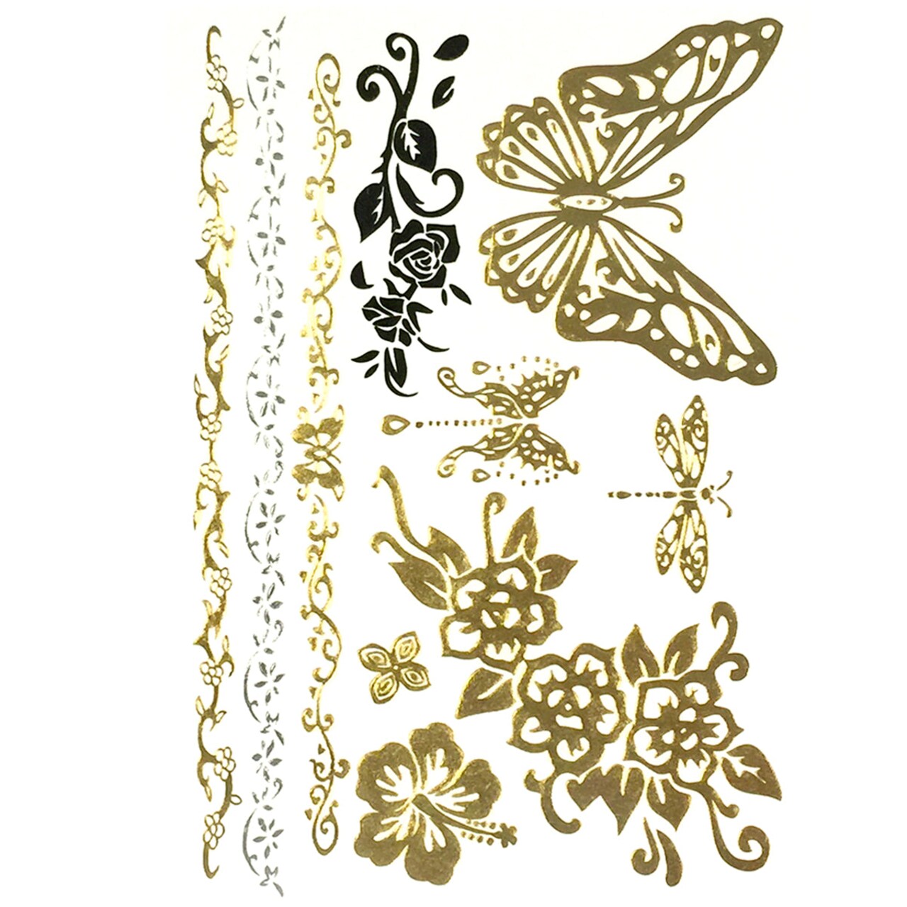 Wrapables Celebrity Inspired Temporary Tattoos in Metallic Gold Silver and Black, Romantic Butterfly, Large
